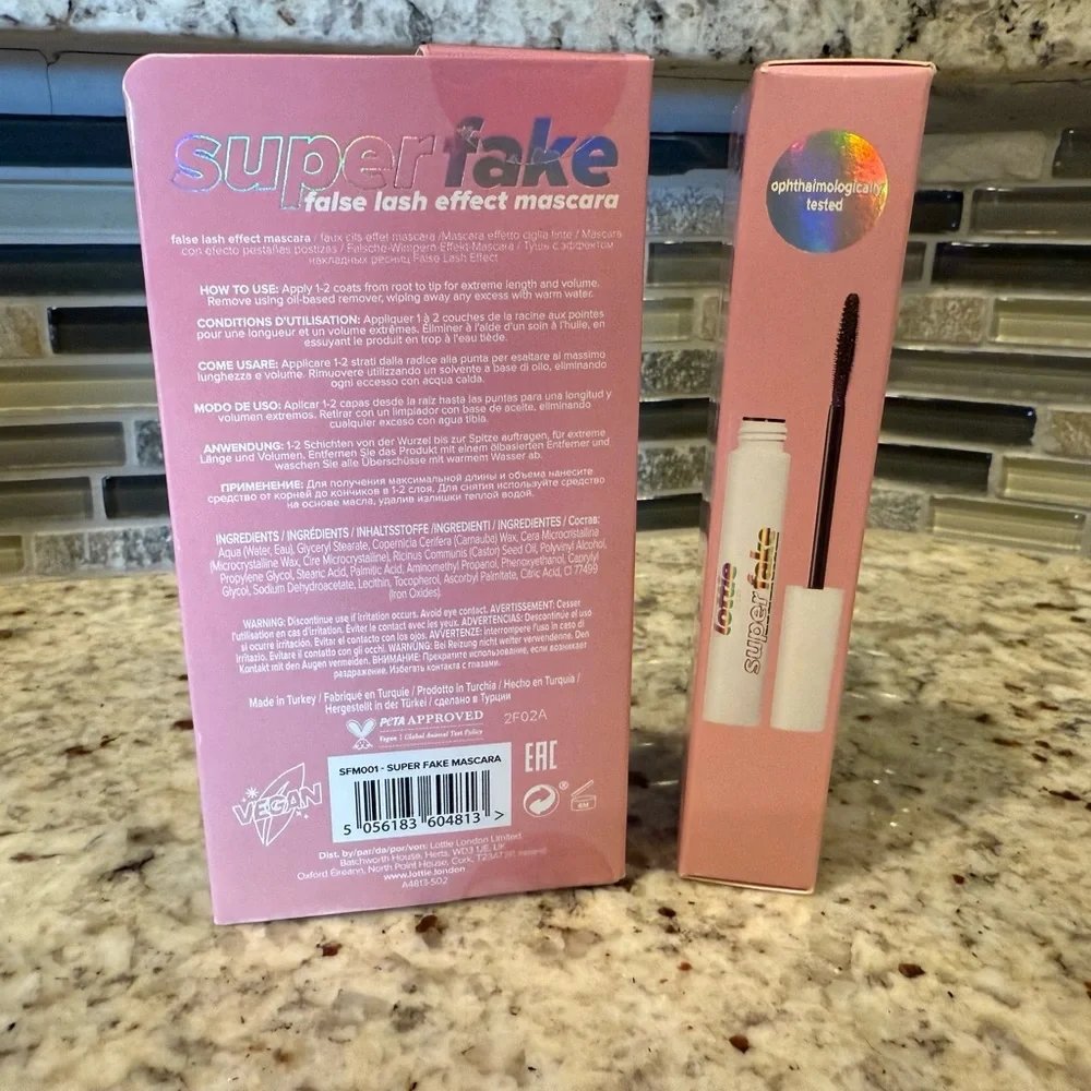 Lottie London Superfake Mascara, Ultra Lengthening Vegan, Longwear Black, 2 pack